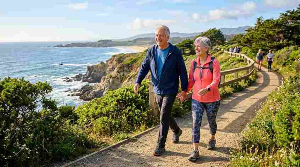 Active mature couple walking together with healthy joints