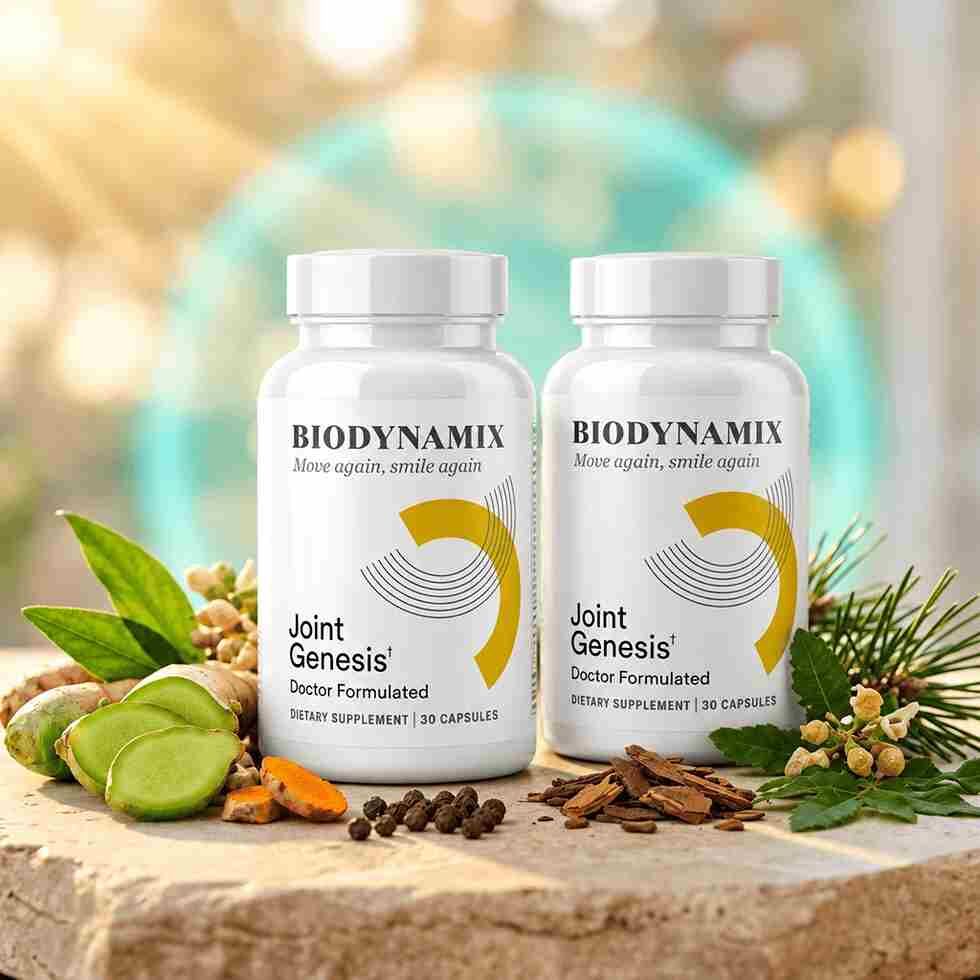 Joint Genesis bottles with botanicals and gold ribbon